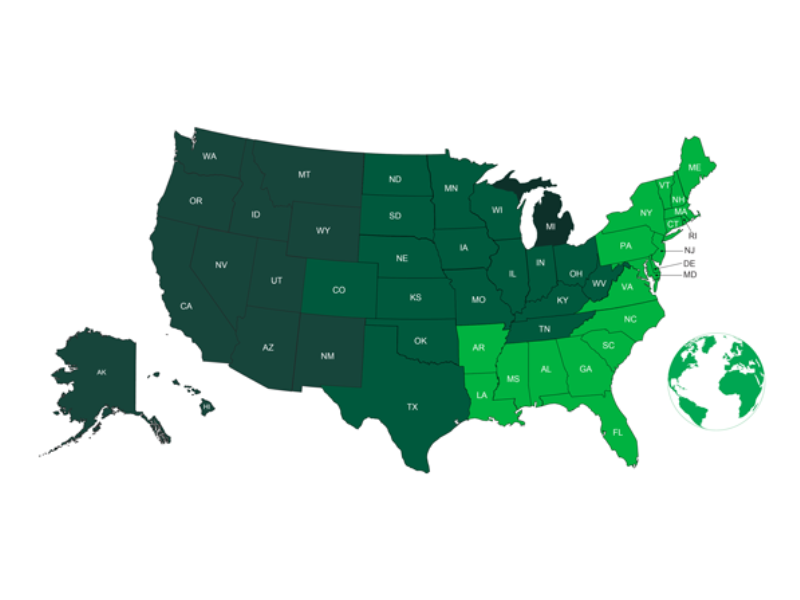 Map of United States with varying green colors