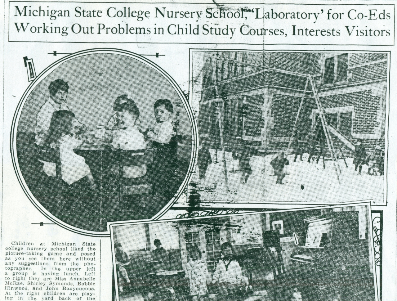 A newspaper clipping with photos from the Michigan State College Nursery School.