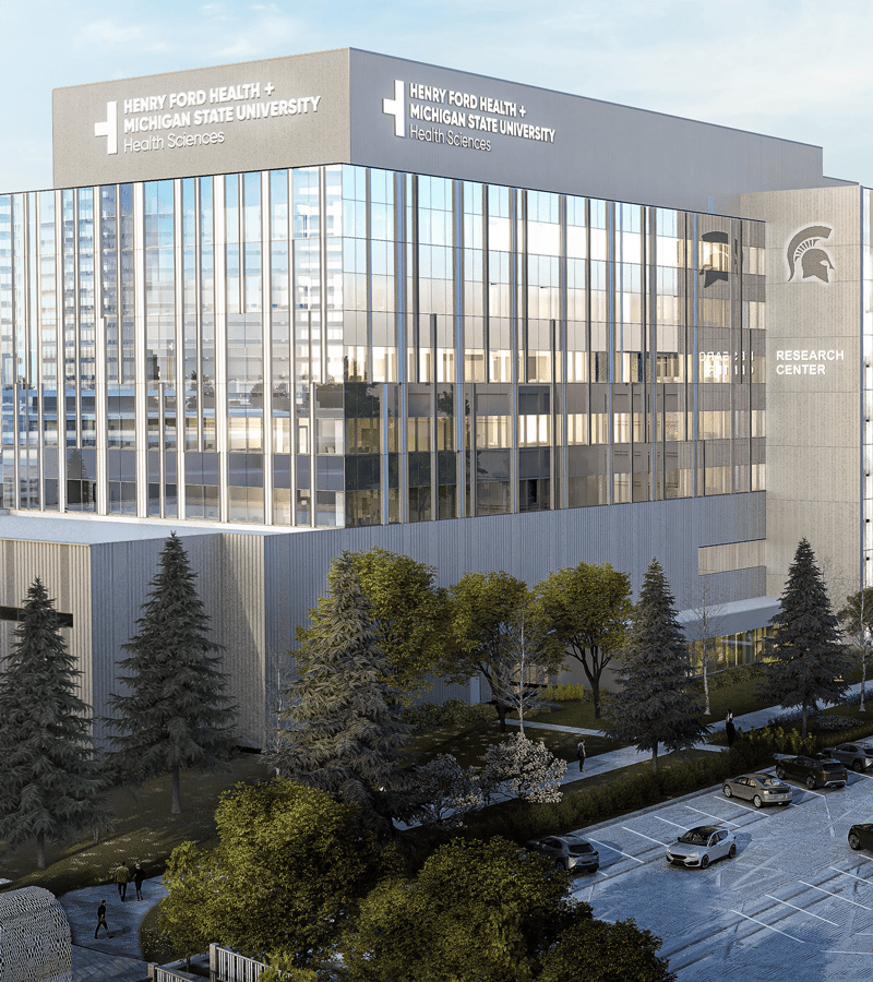 Rendering of research center with Spartan Helmet.