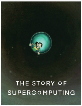 Character looking through a blue circle with text reading: The Story of Supercomputing
