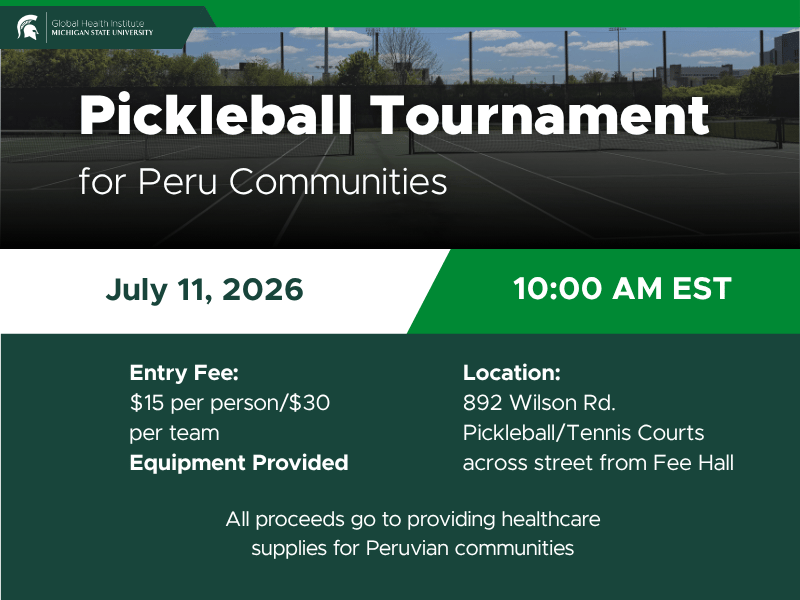 Pickleball Tournament for Peru Communities on Saturday, July 11. Entry fee is $15 and takes place on the tennis courts across from Fee Hall.