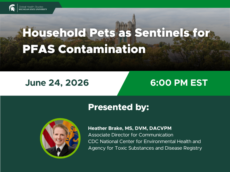 An event overview graphic with the title Household Pets at Sentinels for PFAS Contamination, a webinar by Dr. Heather Brake. The webinar is online on June 24, 2026, at 6 PM Eastern Time