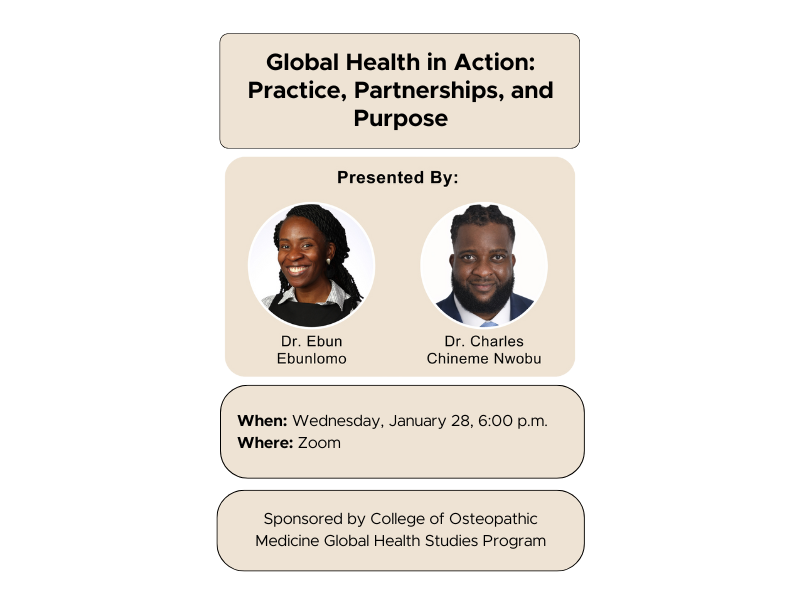 Global Health In Action: Practice, Partnerships, and Purpose, an online webinar on January 28, 2026 at 6 PM.