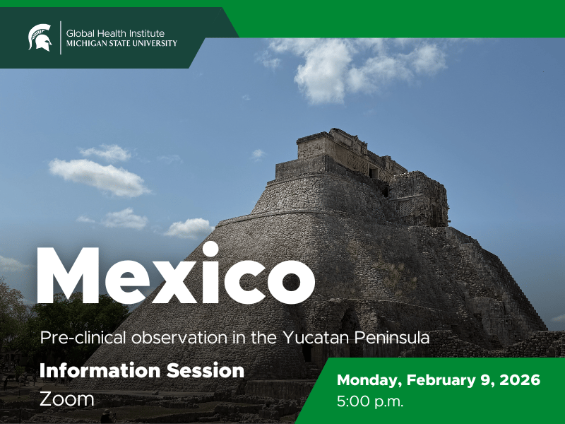 A photo of a pyramid in Mexico's Yucatan Peninsula. Text on top of the photo details an online information session for the Merida Pre-Clinical Observation program will be held Monday, February 9, 2026 at 5 p.m.