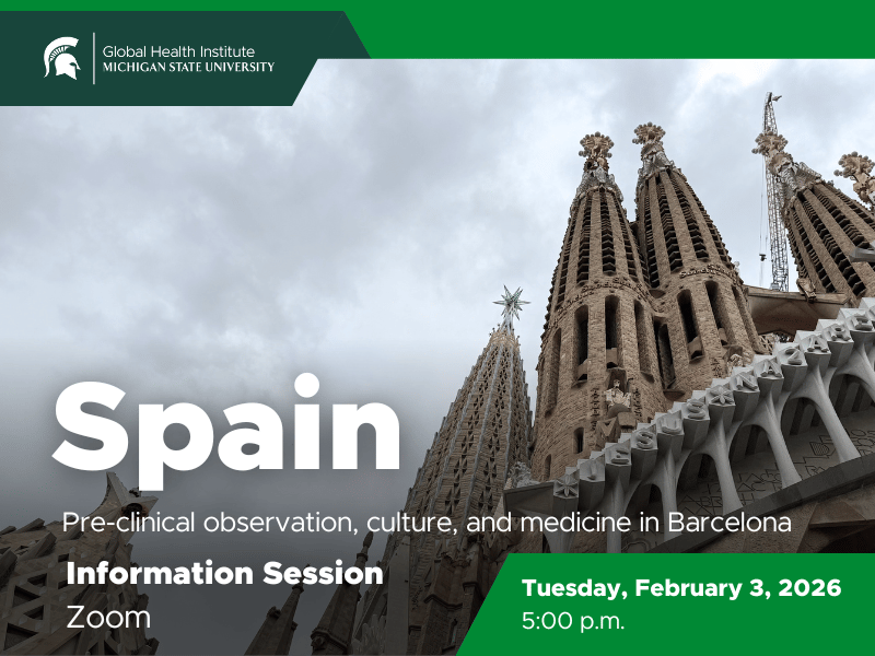 A photo of the Sagrada Familia cathedral in Barcelona, Spain. Accompanying text reads that there is an information session for the Spain Pre Clinical Observation program on Tuesday, February 3, at 5 p.m.