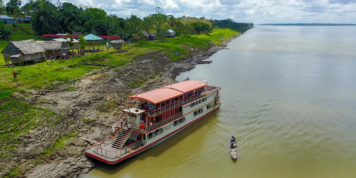 The Amazon Queen medical boat docked next to the town of Iquitos in Peru