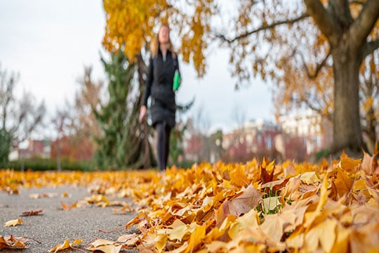 A girl walking with fallen leaves on the ground.