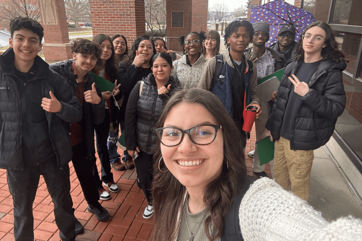 JMC PRIME student coordinator Conner Holguin with a group of Ingham County high school students during a tour of MSU College of Law.