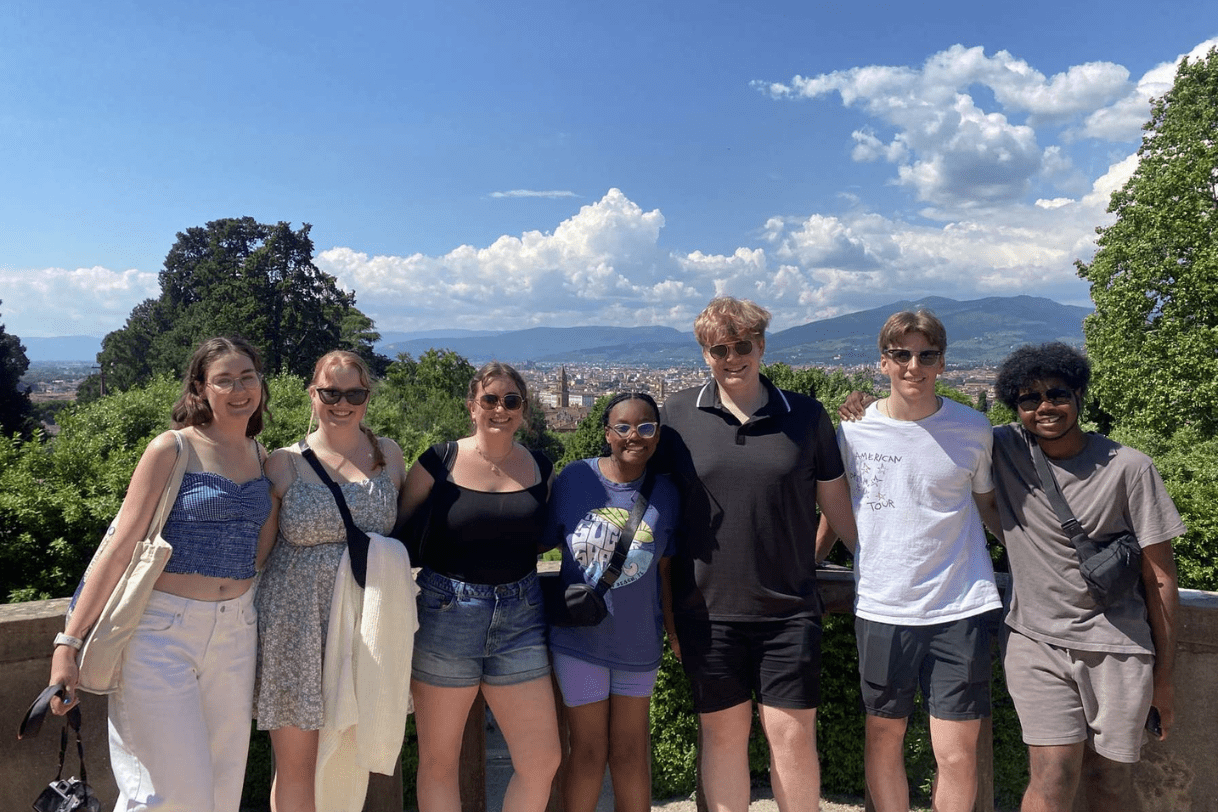 A group of Madison students studying abroad in Italy as part of the six-week "Comparative Republicanism in Rome and Florence" program, led by JMC faculty, is May 2025.