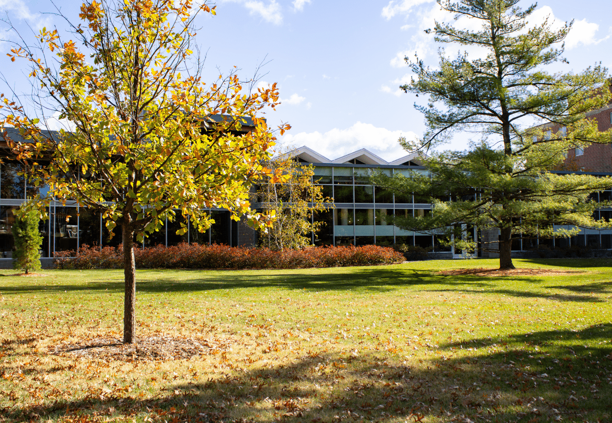 Exterior photo of Case Hall with trees in the foreground.