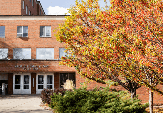A photo of the exterior of Case Hall in early fall.