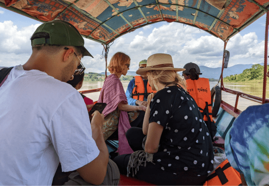 Photos shows JMC students and scholars in the Lower Mekong River Basin.
