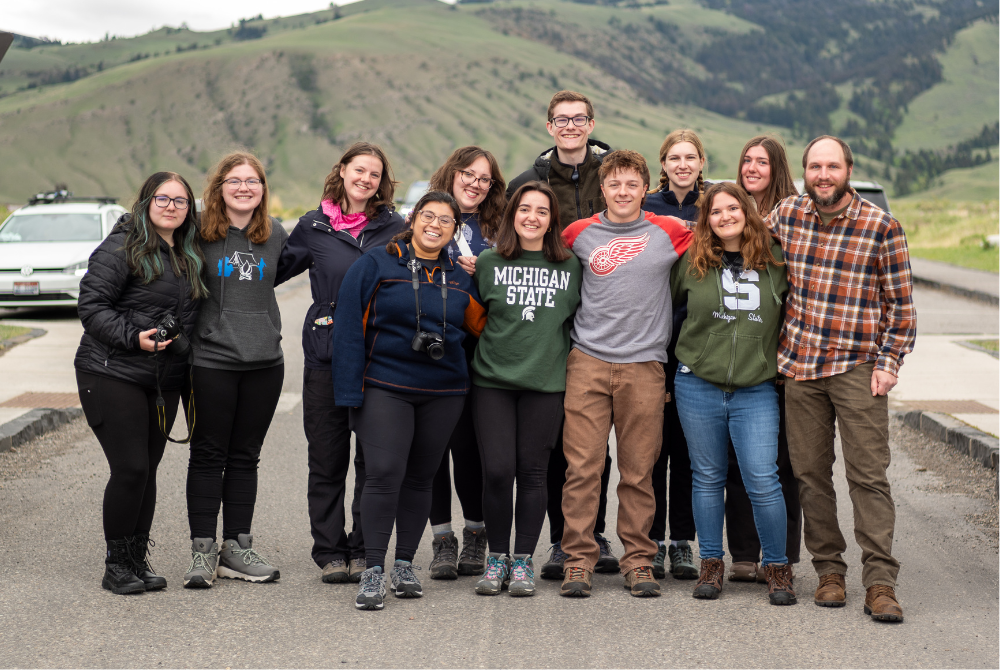 Photo shows a group of students on a hike in Yellowstone National Park.