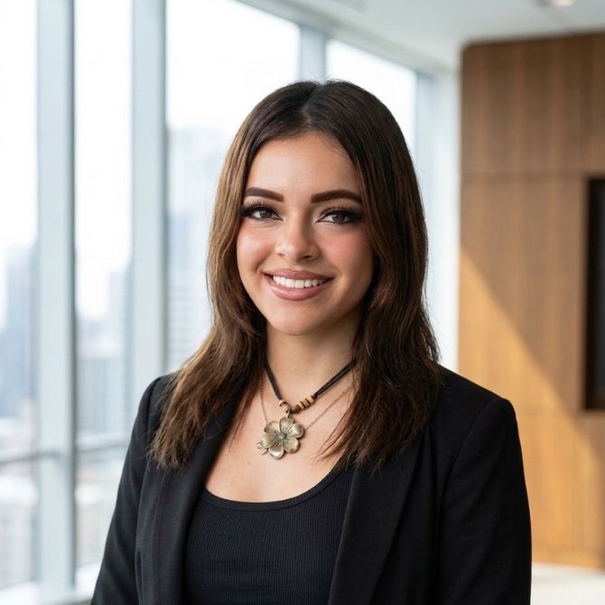A JMC student with long brown hair smiles warmly while wearing a black blazer and necklace. She stands indoors near large windows overlooking a cityscape, suggesting an urban office environment.
