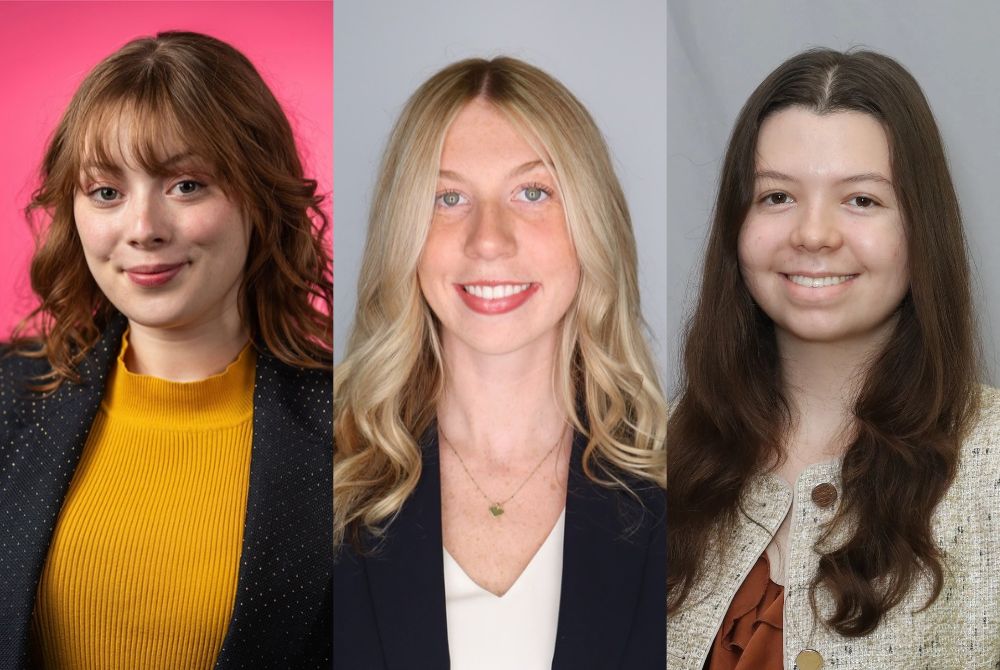 Three James Madison College students are shown in separate headshots, each smiling and dressed professionally. The backgrounds vary, with one featuring a vibrant pink backdrop, while the others have neutral tones.
