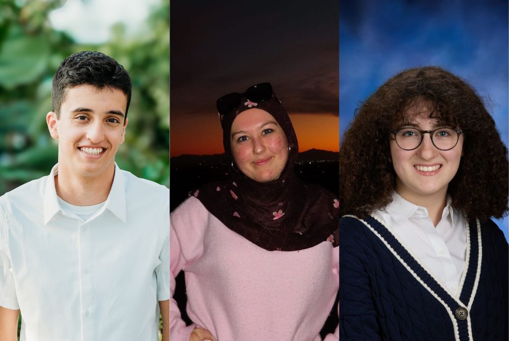 Left: Student with short brown hair, photographed outside in front of greenery. Middle: Student smiling at the camera in front of a sunset, wearing a purple scarf, sunglasses and a pink sweatshirt. Right: Student photographed in front of blue background, with brown shoulder-length hair and glasses.