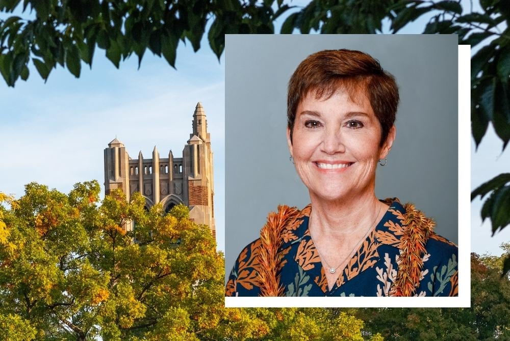 Composite photo with professional portrait of Wendy Hensel on top of image of Beaumont Tower on MSU campus