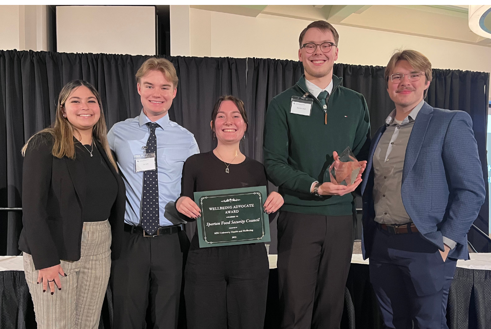 From left: Aditi Kulkarni, Jay Lyon, Madison Mogg, Spencer Good and Parker Dennings at the MSU University Health & Wellbeing awards ceremony in February 2025.