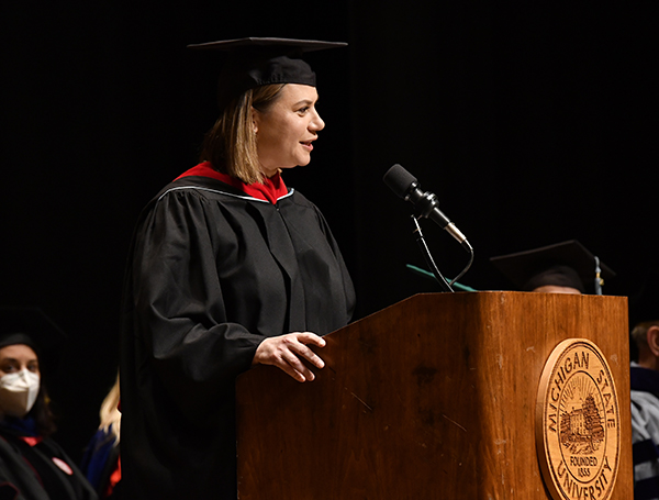Rep. Elissa Slotkin speaking during JMC Commencement