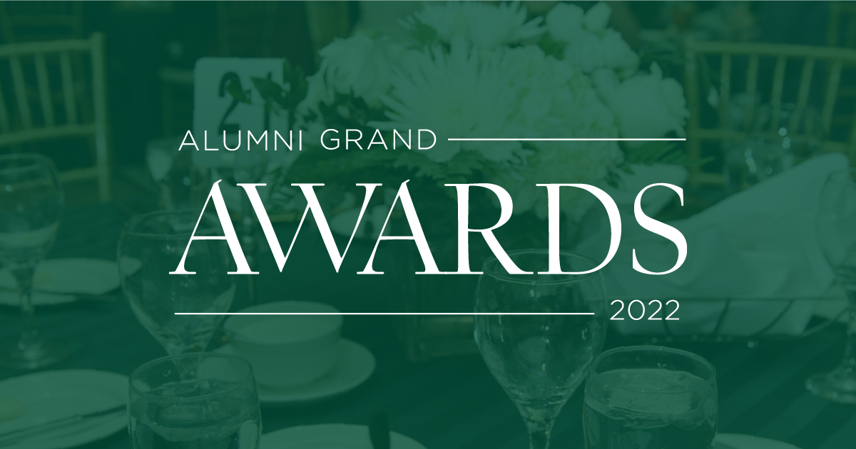 Green background with dining scene and white text 