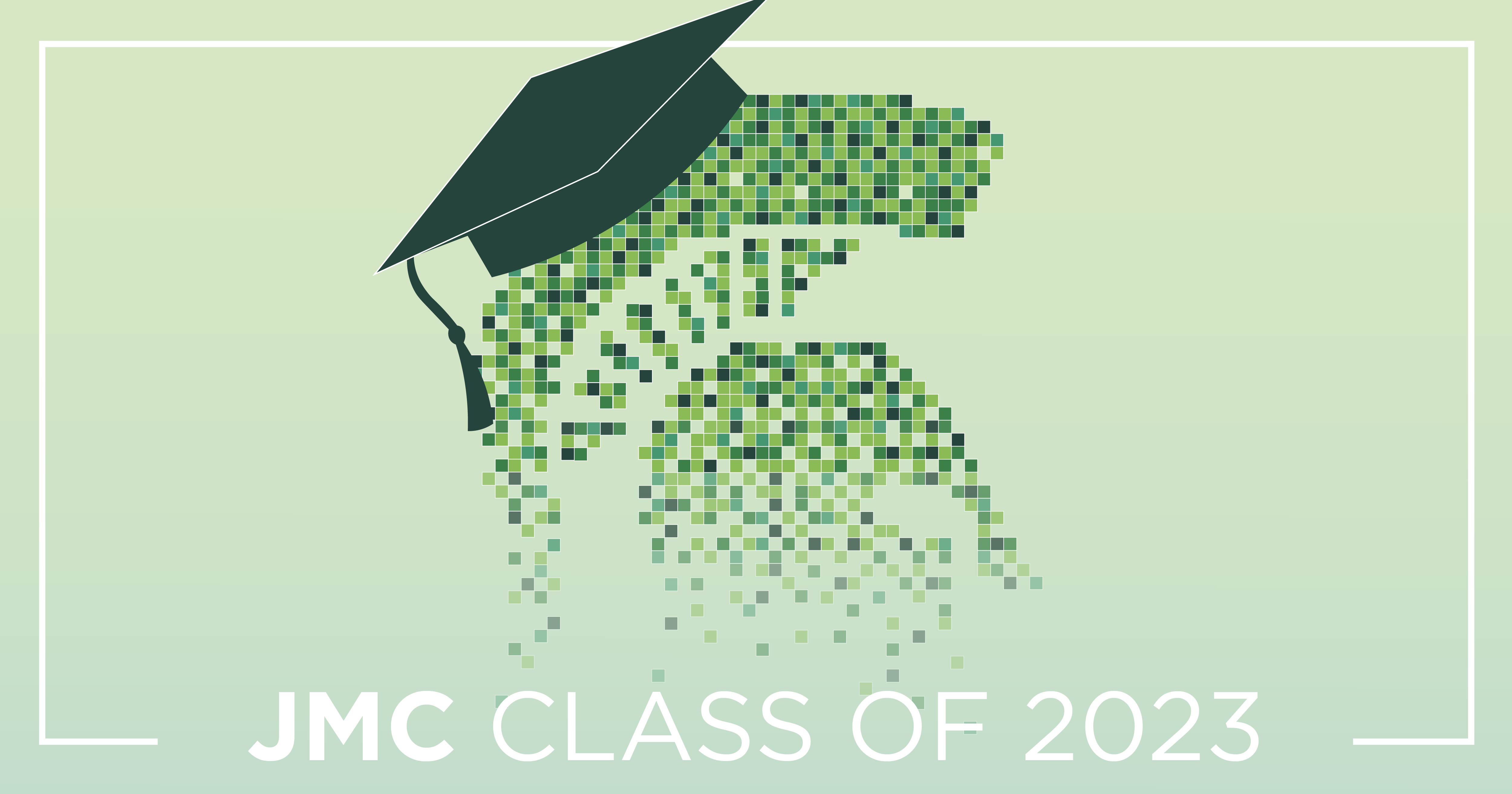 graphic of pixelated spartan helmet with grad cap