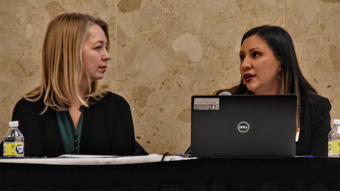One panelist speaks behind a laptop and the other panelist is looking at the first