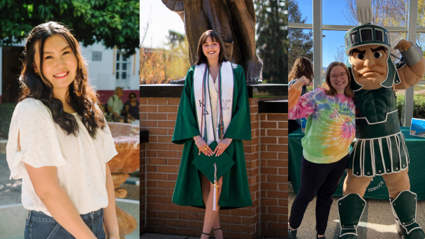 From left: photos of Rachael Lee, wearing a white shirt standing in front of a fountain; Lauren Dauber, in a graduation gown in front of MSU's Spartan Statue; and Ashley Mathews, in a tie-dye shirt posing with the MSU Party mascot.