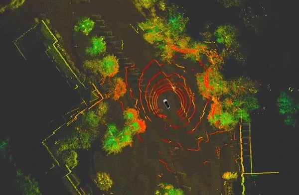 An autonomous vehicle maps its surroundings with the help of lidar and sensors, perceiving trees, buildings and the curvature of the road.