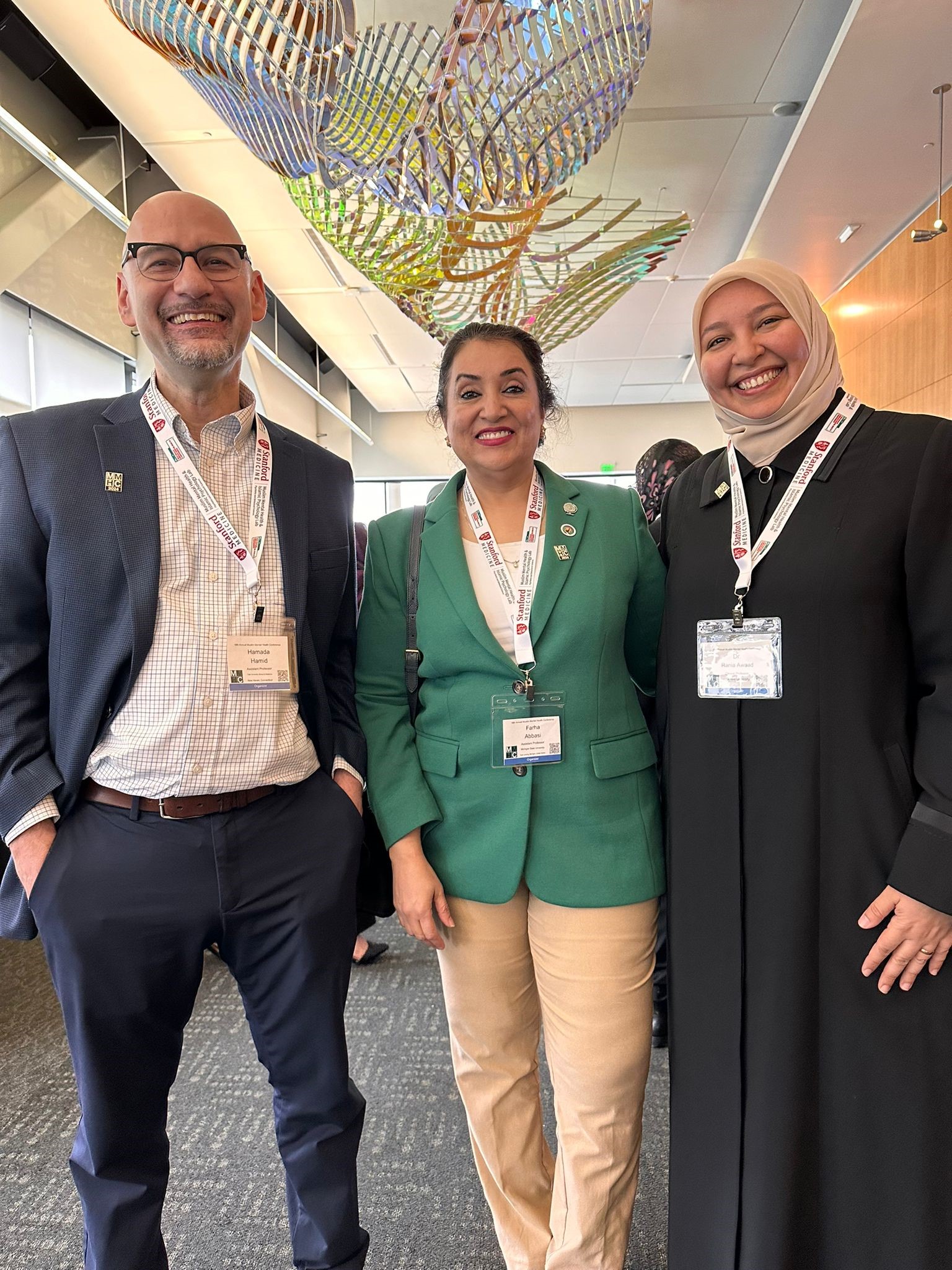From left to right: Drs. Hamada Altalib, Farha Abbasi, and Rania Awaad stand for a group photo at the 16th Annual Muslim Mental Health Conference.