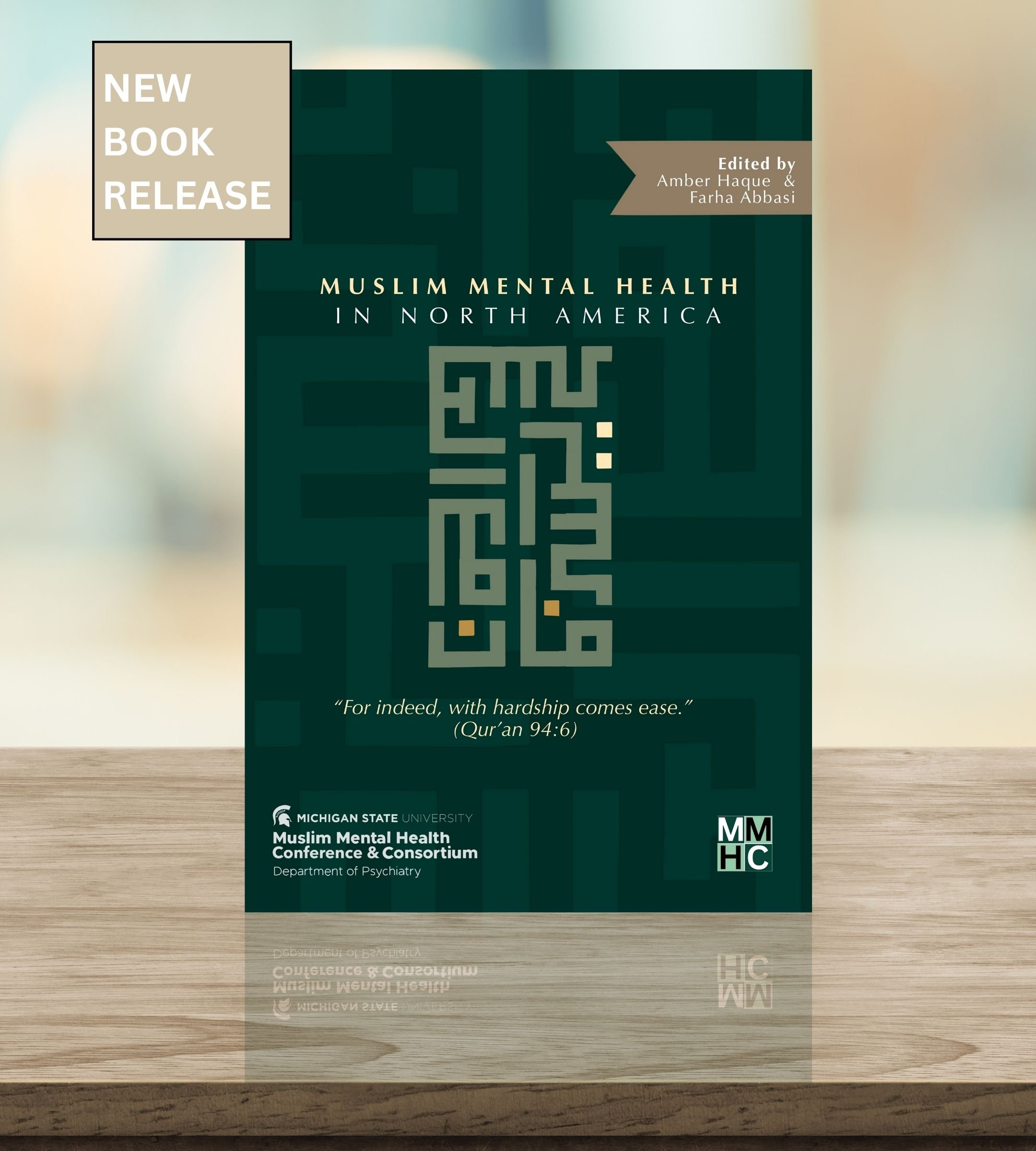 A photo of the Muslim Mental Health in North America book with title reading "New Book Release"