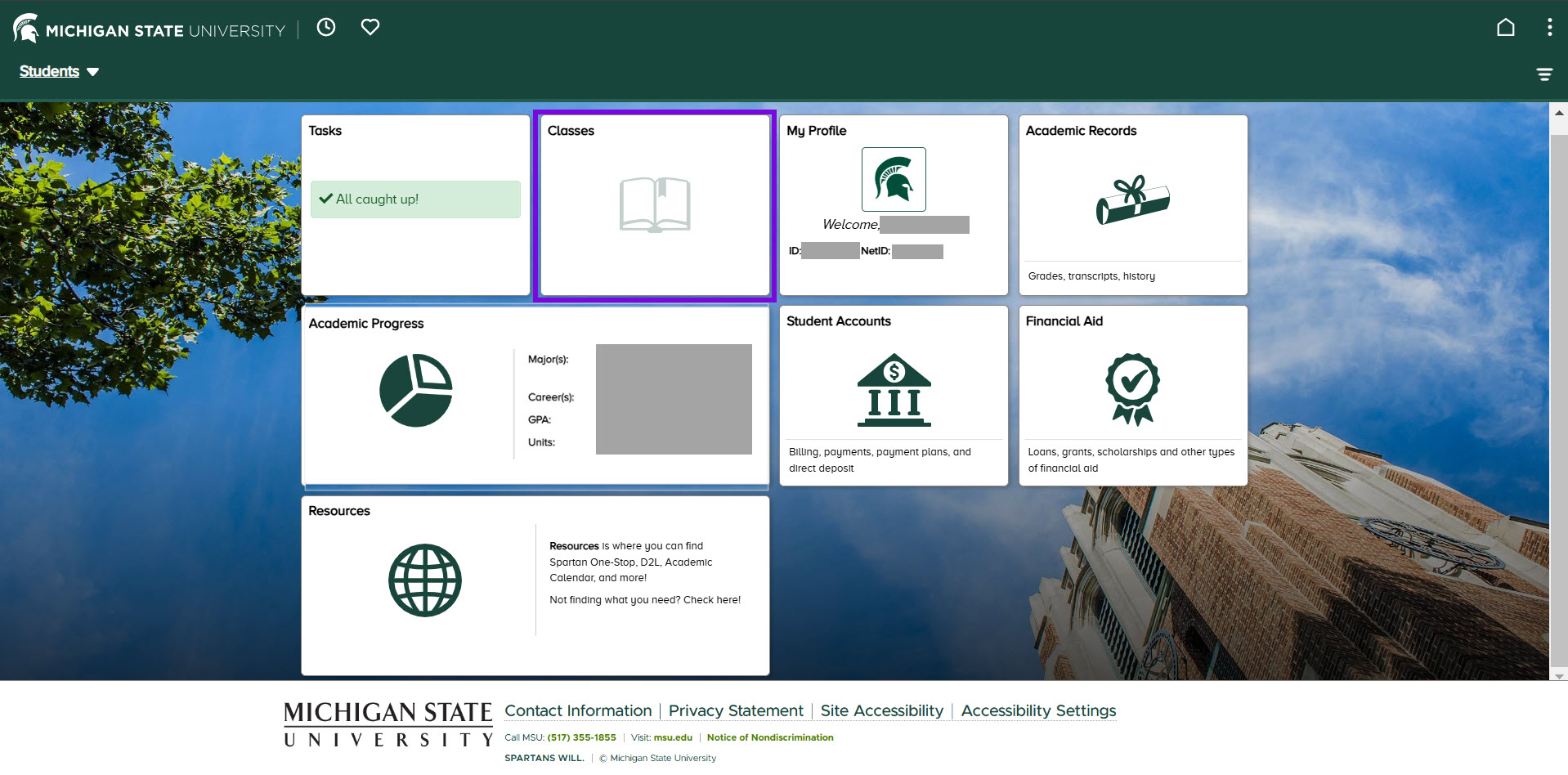 Screenshot of the student homepage in MSU's Student Information System with the Classes tile called out in a purple box