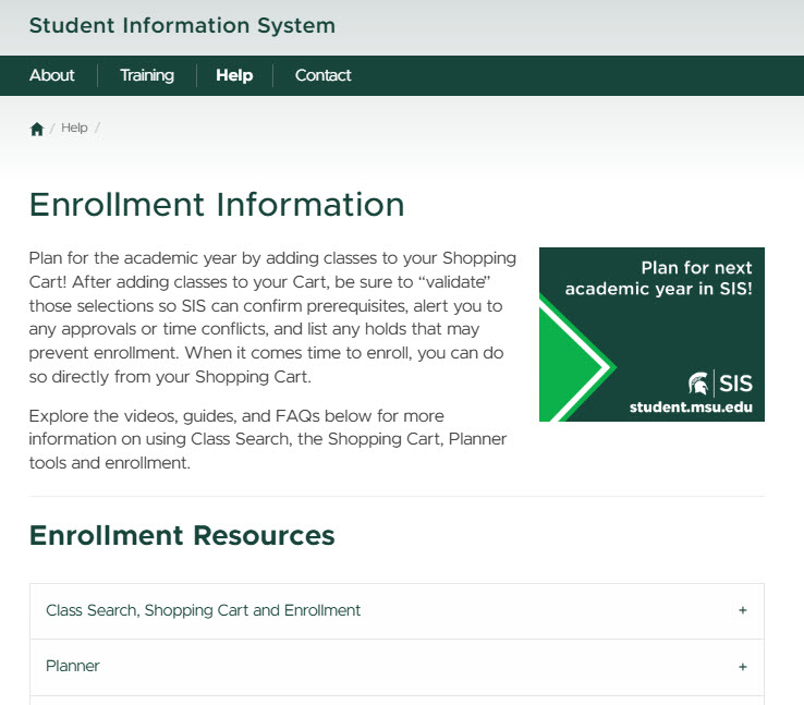 Screenshot of the Enrollment Information page on the SIS resource website.