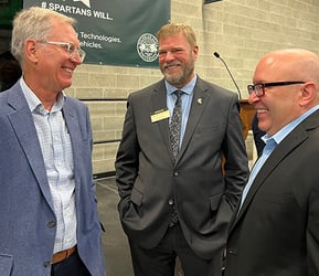 Tom Voice, Thomas Jeitschko and David Gorsich chat after Monday's announcement of a $9 million project between MSU and the U.S. Army to advance autonomous technologies.