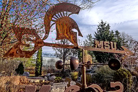 A rust-colored directional sign with the Spartan helmet on top points to the right with MSU next to an arrow head, and the block "S" on the arrow tail.