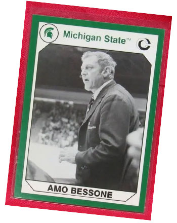 a black-and-white image of former MSU Hockey coach Amo Bessone, immortalized on a vintage green-and-white MSU trading card on a red background
