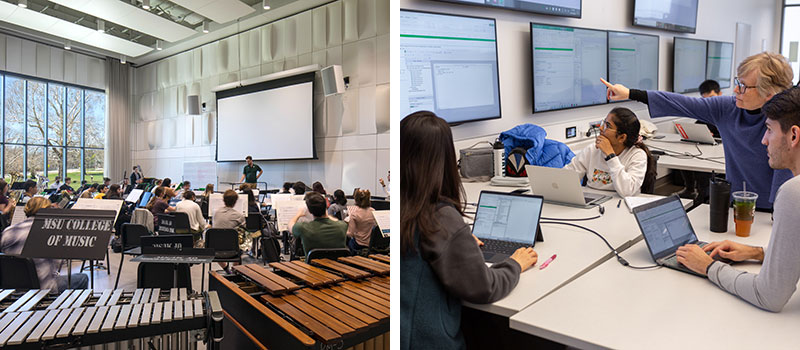 a diptych-style image showing a new rehearsal space in the Billman music pavilion on the left and a new, flexible, tech-enhanced classroom space in the Minskoff business pavilion on the right