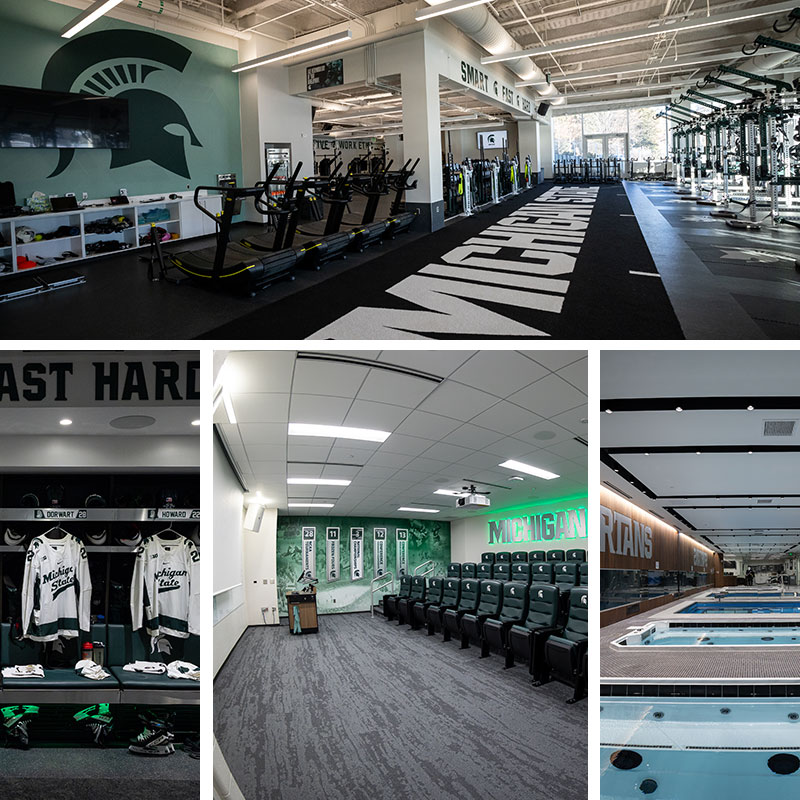 a collage of four images featuring the Munn Ice Arena weight room, locker room, film room, and hydrotherapy facility--all recently renovated
