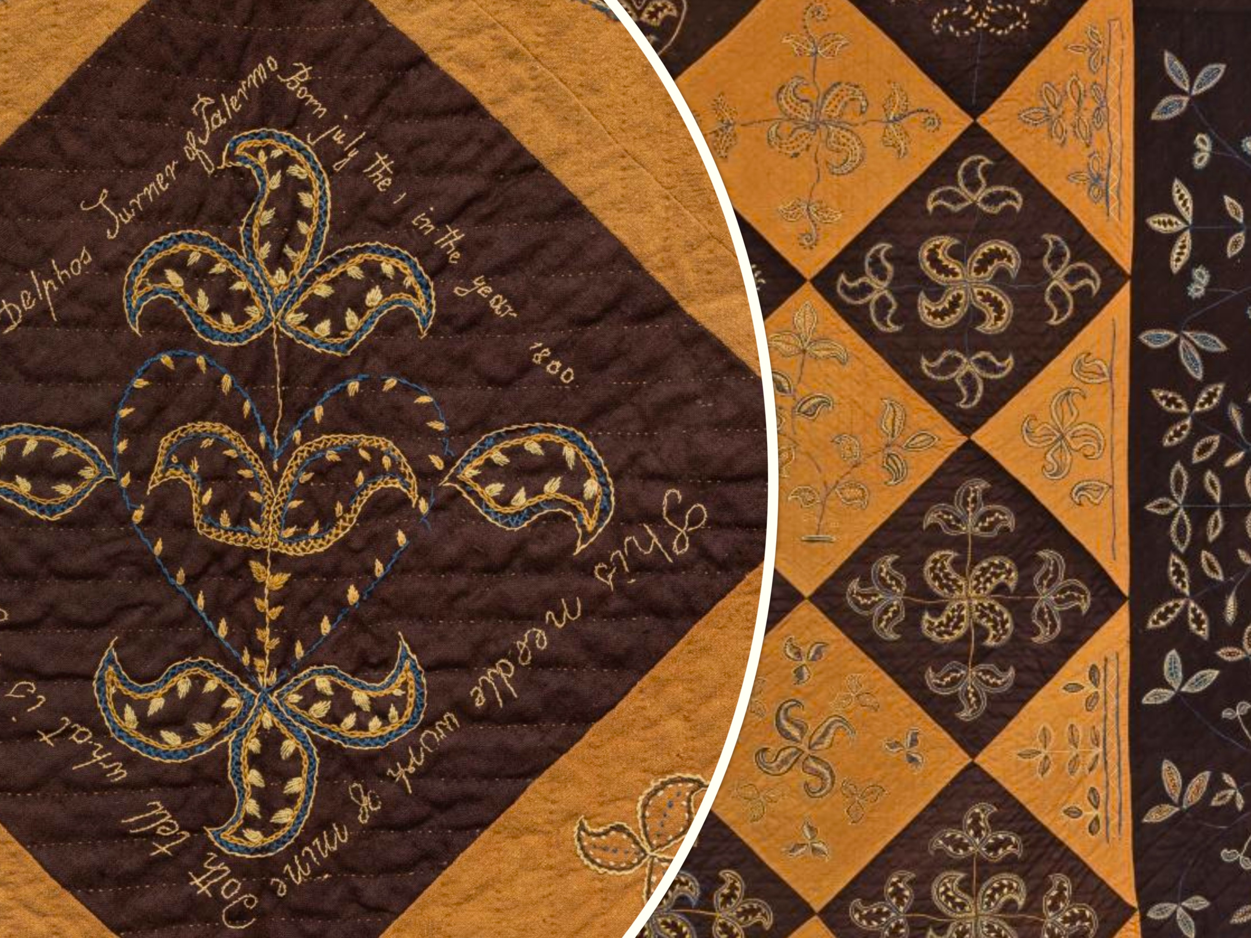 A collage of the historic Delphos Turner quilt from the Maine Historical Society. At left, a zoom on the center quilt square with a personal inscription from the creator. At right, an overhead look at the rest of the quilt.