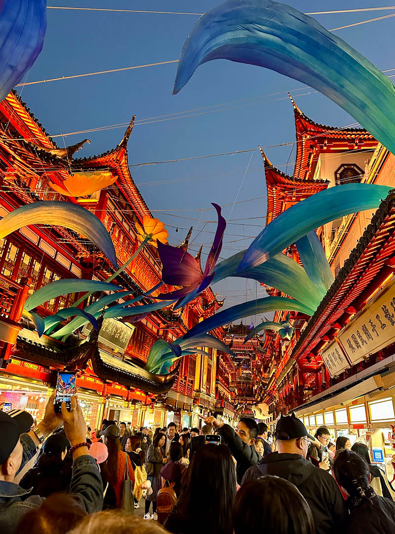 Long flowing traditional lanterns float across the street between oriental buildings at dusk.