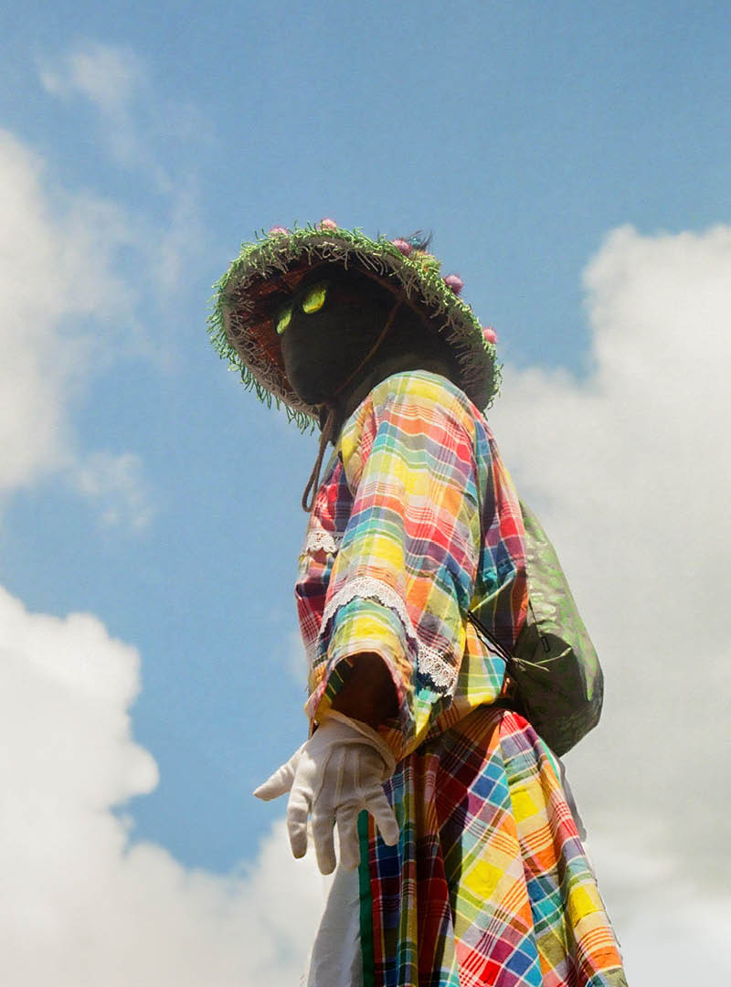 A person wearing a colorful plaid dress, white gloves, and a wide-brimmed hat decorated with greenery stands outdoors beneath a bright blue sky with scattered clouds. Their face is covered in a dark mask with green sunglasses over the eyes.