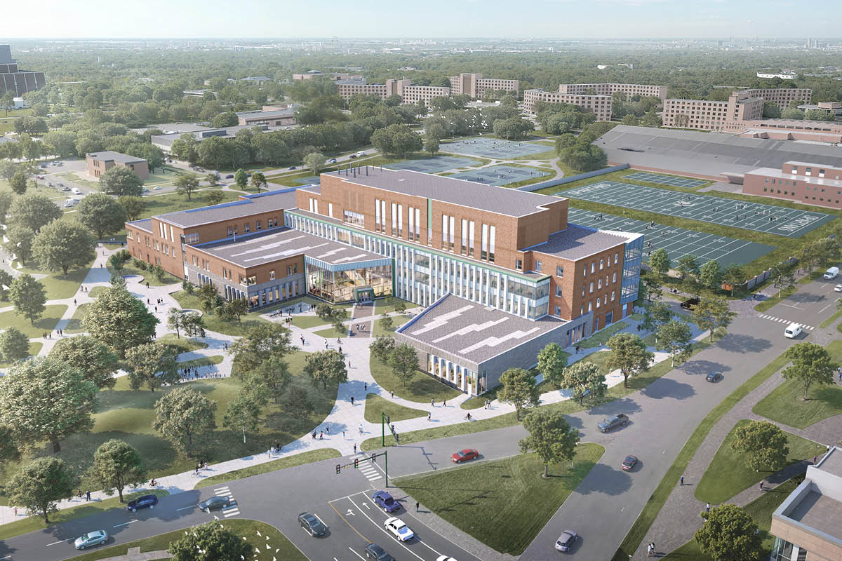 Overhead rendering of the Leinweber Center for Engineering and Digital Innovation.