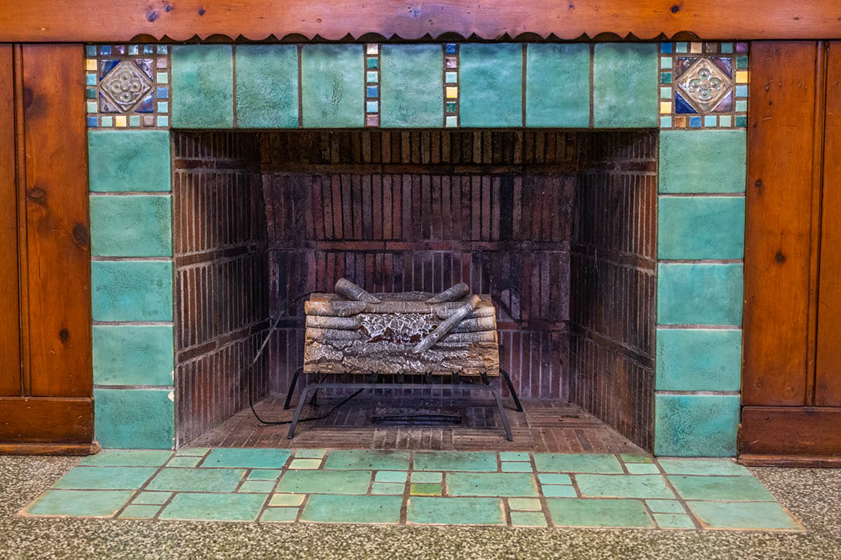 Pewabic Pottery tile design around the fireplace in Williams Hall