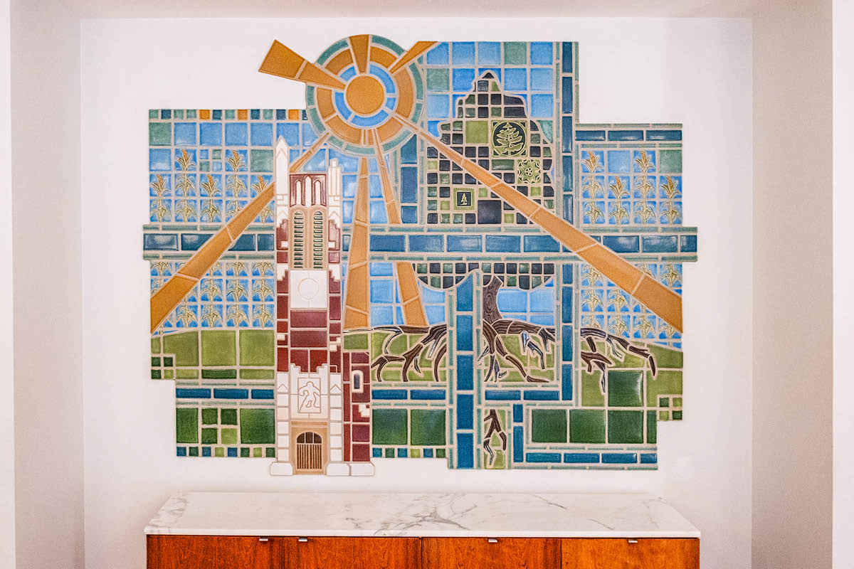 Pewabic Pottery tiled mural of Beaumont Tower located at Cowles House.