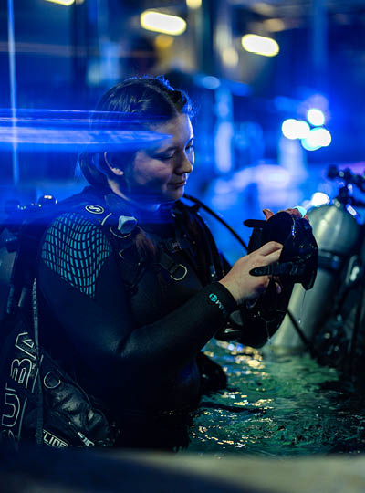 MSU alum Dana MacCallumMhor stands in waist-deep water in a wetsuit and diving vest as she cleans out the inside of her mask. Blue lights illuminate the scene.