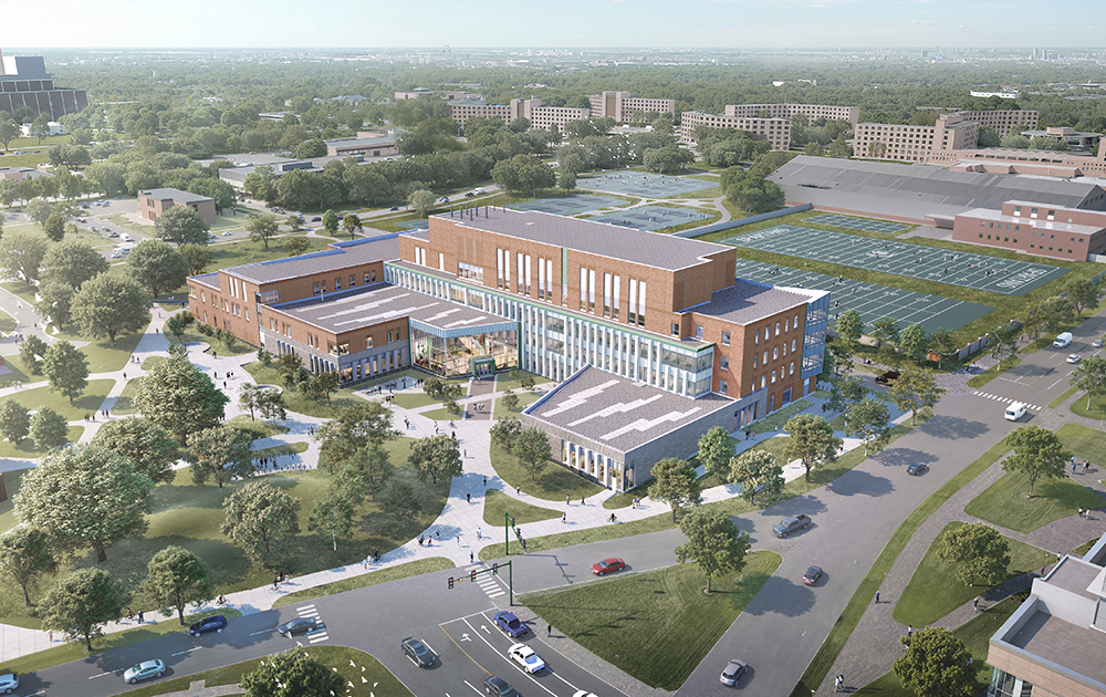 Arial view of rendering of MSU Leinweber Center