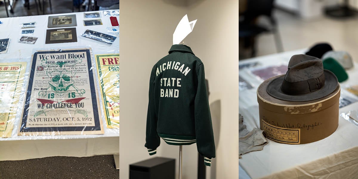 Three photos side-by-side in a collage showing university artifacts from the MSU Museum. A class rivalry posted, a Spartan Marching Band jacket, an old fedora on top of a hat box.