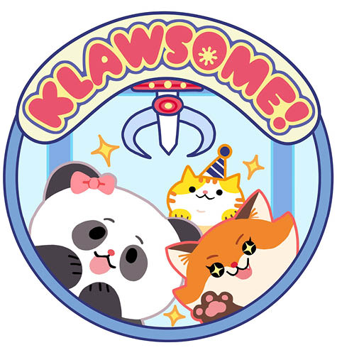 The business logo for the Spartan alum-owned claw machine arcade, Klawsome, in Novi. The name of the business in red above a machine claw reaching down toward three mascots: a panda, a fox and a kitten.