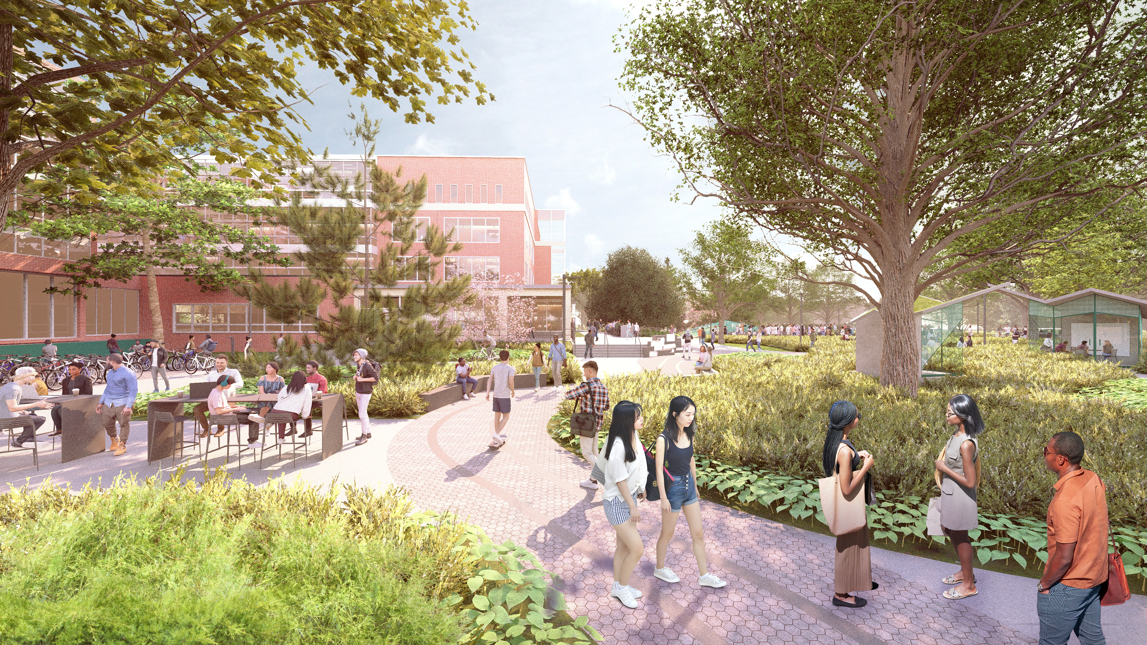 Rendering of the MSU Main Library North Plaza featuring tree-lined walkways, seating areas and community members using the plaza outside the library.