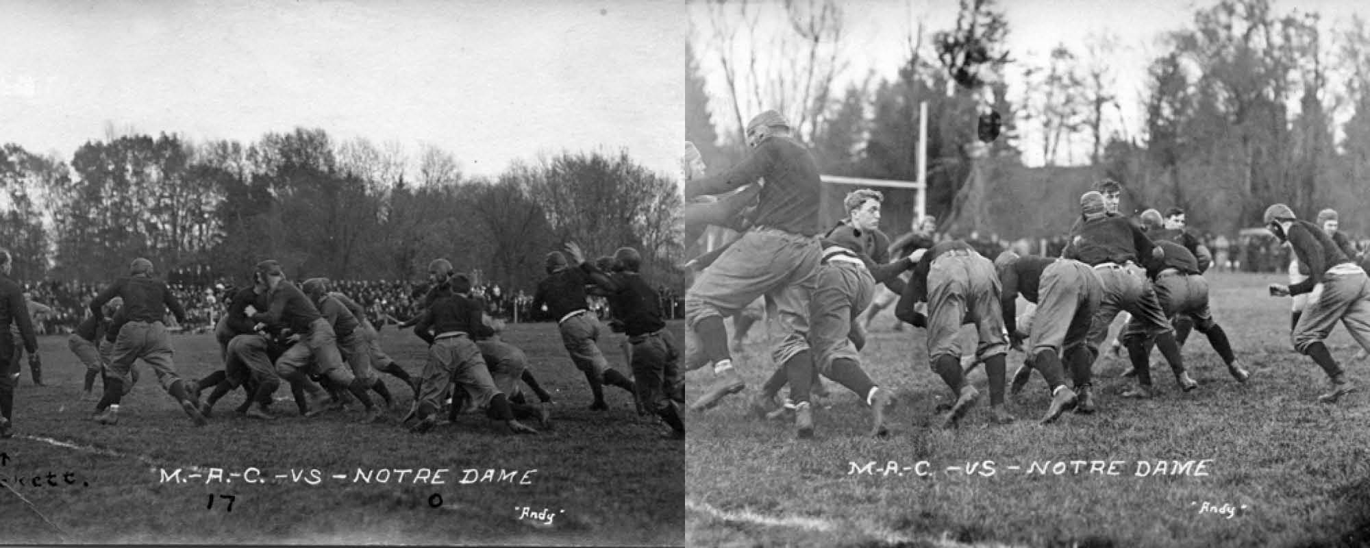 Side-by-side black and white photos of a 1910 football game between Michigan State and Notre Dame.