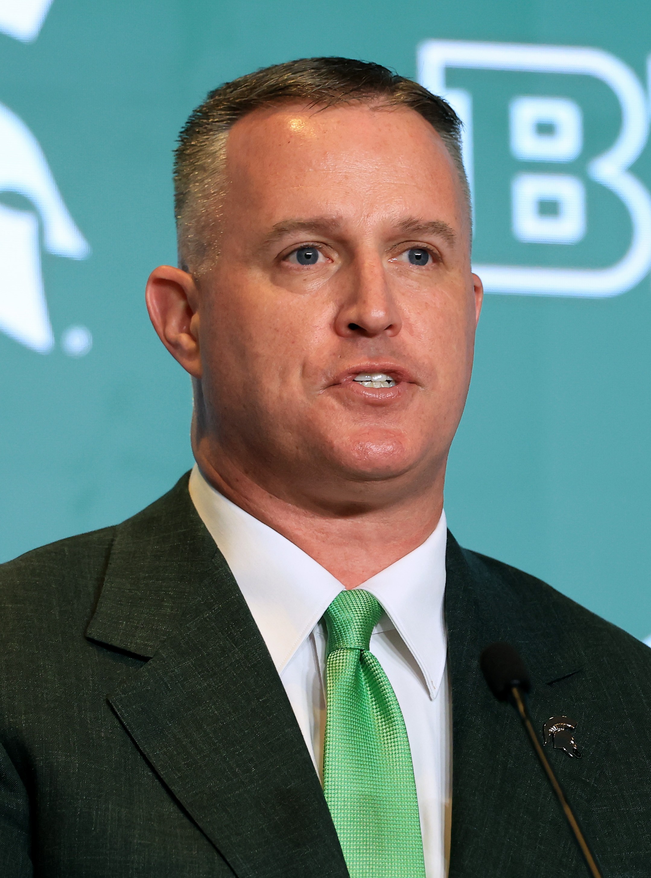 A headshot of Michigan State University football coach Pat Fitzgerald.
